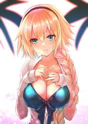 Rule 34 | 1girl, bikini, black hairband, blue bikini, blue eyes, blue jacket, braid, breasts, collarbone, commentary request, facing viewer, fate/grand order, fate (series), front-tie bikini top, front-tie top, hair between eyes, hairband, hands on own face, highres, hood, hooded jacket, hoodie, jacket, jeanne d&#039;arc (fate), jeanne d&#039;arc (ruler) (fate), jeanne d&#039;arc (swimsuit archer) (fate), jeanne d&#039;arc (swimsuit archer) (first ascension) (fate), large breasts, long braid, long hair, looking at viewer, open clothes, open hoodie, open jacket, ponytail, shibi, single braid, smile, solo, swimsuit, very long hair, water, water drop, wet