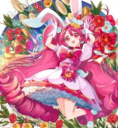 Rule 34 | 1girl, absurdres, animal ears, arms up, bamboo, boots, bow, bubble skirt, cake hair ornament, chinese zodiac, cure whip, dress, earrings, extra ears, flower, food, food-themed hair ornament, fruit, gloves, hair ornament, highres, jewelry, jumping, kadomatsu, kirakira precure a la mode, legs up, long hair, looking at viewer, magical girl, new year, pink dress, pink eyes, pink footwear, pink hair, pom pom (clothes), pom pom earrings, precure, puffy short sleeves, puffy sleeves, rabbit ears, rabbit pose, red bow, red flower, red rose, ringlets, rose, short dress, short sleeves, skirt, smile, solo, strawberry, twintails, usami ichika, very long hair, white gloves, year of the rabbit, yuutarou (fukiiincho)