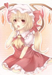 Rule 34 | 1girl, alternate hair length, alternate hairstyle, bad id, bad pixiv id, blonde hair, blush, crystal, fang, female focus, flandre scarlet, hat, hat ribbon, heart, heart-shaped pupils, highres, kotonoman, long hair, open mouth, puffy sleeves, red eyes, ribbon, short sleeves, solo, symbol-shaped pupils, touhou, wings