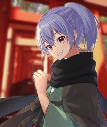 Rule 34 | 1girl, black scarf, blurry, blurry background, blush, commentary request, copyright request, depth of field, green kimono, grin, hair between eyes, hand up, highres, index finger raised, japanese clothes, kimono, long sleeves, looking at viewer, multiple torii, ponytail, purple hair, red eyes, sakura chiyo (konachi000), scarf, signature, smile, solo, torii, upper body, virtual youtuber, wide sleeves