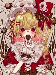 Rule 34 | 1girl, adapted costume, blonde hair, blush, chocolate, fingernails, flandre scarlet, food, hair between eyes, hat, highres, holding, holding chocolate, holding food, long hair, mob cap, nail polish, open mouth, pointy ears, red eyes, red nails, roamu 65, sharp fingernails, short sleeves, side ponytail, slit pupils, solo, touhou, upper body, white hat, wings