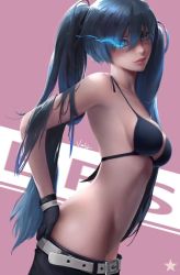 Rule 34 | 1girl, arched back, armpits, artist name, belt, black gloves, black rock shooter, black rock shooter (character), black shorts, blue eyes, blue fire, blue hair, breasts, clothes pull, cowboy shot, fire, flaming eye, gloves, groin, lips, long hair, looking at viewer, looking to the side, medium breasts, parted lips, pink background, shorts, shorts pull, sideboob, signature, smile, solo, standing, swimsuit, twintails, two-tone background, undressing, vealy, very long hair
