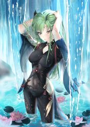 Rule 34 | 1girl, absurdres, arms up, black bodysuit, blush, bodysuit, breasts, breasts apart, budgiepon, c.c., cleavage, cleavage cutout, clothing cutout, code geass, commentary, cosplay, cowboy shot, day, eyelashes, flower, forehead tattoo, genshin impact, green hair, hair between eyes, hair spread out, highres, impossible bodysuit, impossible clothes, long hair, looking at viewer, lotus, medium breasts, nose, outdoors, parted lips, pink flower, shenhe (genshin impact), shenhe (genshin impact) (cosplay), short sleeves, soaking feet, solo, standing, straight hair, very long hair, washing hair, water, waterfall, wet, wet clothes, wet hair, yellow eyes