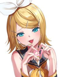 Rule 34 | 1girl, :p, absurdres, bare shoulders, black sailor collar, blonde hair, blue eyes, brown nails, closed mouth, hair ornament, hair ribbon, hairband, hairclip, hands up, headset, heart, heart hands, highres, inu8neko, kagamine rin, nail polish, neckerchief, ribbon, sailor collar, shirt, simple background, sleeveless, sleeveless shirt, smile, solo, sweat, tongue, tongue out, upper body, vocaloid, white background, white hairband, white ribbon, white shirt, yellow neckerchief
