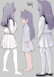 Rule 34 | 1girl, animal ears, artist name, barefoot, black footwear, cat ears, child, commentary request, dress, feiqizi (fkey), fkey, from behind, from side, full body, grey background, highres, long hair, long sleeves, mary janes, multiple views, nightgown, no shoes, original, pantyhose, pleated skirt, profile, red eyes, sailor collar, school uniform, serafuku, shoes, silver hair, simple background, skirt, standing, white dress, white pantyhose, white serafuku, white skirt