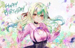 Rule 34 | 1girl, antlers, birthday, blush, branch, breasts, bright pupils, brown eyes, ceres fauna, ceres fauna (jirai kei), choker, cleavage, closed mouth, dress, floral background, green hair, hair between eyes, hands up, happy birthday, hololive, hololive english, horns, lace trim, large breasts, long hair, long sleeves, looking at viewer, smile, solo, sowon, two side up, upper body, virtual youtuber