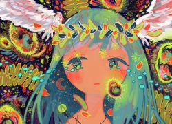 Rule 34 | 1girl, abstract, absurdres, aqua hair, bacteria, crescent moon, feathered wings, glowing, head wings, highres, jewelry, leaf, long hair, moon, necklace, no nose, original, planet, plant, portrait, saturn (planet), sizucomaru, solo, white wings, wings