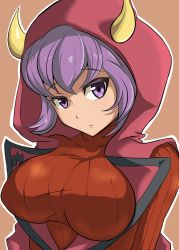Rule 34 | 10s, 1girl, bad id, bad pixiv id, breasts, courtney (pokemon), courtney (pokemon oras), creatures (company), expressionless, fake horns, female focus, game freak, highres, hood, hoodie, horned headwear, horns, large breasts, looking at viewer, matsuchachou, nintendo, pokemon, pokemon oras, purple eyes, purple hair, ribbed sweater, short hair, solo, sweater, team magma, uniform
