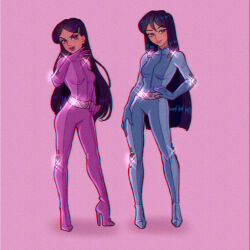 Rule 34 | 2girls, absurdres, belt, black hair, blue bodysuit, bodysuit, breasts, britney (totally spies), catsuit, closed mouth, commentary, english commentary, full body, grey belt, grey hair, hair ornament, hairclip, high heels, highres, long hair, luverihu, mandy (totally spies), medium breasts, metal belt, multiple girls, open mouth, pink background, purple bodysuit, purple eyes, smile, teeth, totally spies, upper teeth only, very long hair, whoop catsuit