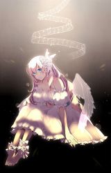 Rule 34 | 1girl, angel wings, ankle ribbon, asagao minoru, bare shoulders, barefoot, black background, blue eyes, breasts, butterfly hair ornament, cleavage, commentary, detached sleeves, dress, eighth note, flower, flower anklet, frilled dress, frills, full body, hair flower, hair ornament, highres, leaning forward, leg ribbon, legs together, lens flare, long hair, looking at viewer, medium breasts, megurine luka, musical note, pink hair, puffy detached sleeves, puffy sleeves, quarter note, ribbon, sitting, smile, solo, spotlight, staff (music), strapless, strapless dress, very long hair, vocaloid, white dress, wings