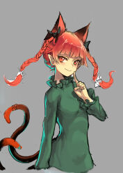 Rule 34 | 1girl, absurdres, animal ears, black bow, bow, braid, cat ears, cat girl, cat tail, closed mouth, commentary, cropped torso, dress, extra ears, green dress, grey background, hair bow, highres, index finger raised, iouley, kaenbyou rin, long hair, long sleeves, multiple tails, nekomata, pointy ears, red eyes, red hair, side braids, simple background, smile, solo, tail, touhou, twin braids, two tails