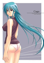 Rule 34 | 00s, 1girl, aqua hair, ass, blue hair, breasts, choker, cover, cover page, earrings, covered erect nipples, female focus, from behind, impossible clothes, impossible shirt, ishigaki takashi, jewelry, large breasts, long hair, looking back, mahou shoujo ai, mahou shoujo ai 2, miyahiro mikage, no pants, panties, pink panties, red eyes, shirt, solo, underwear, very long hair