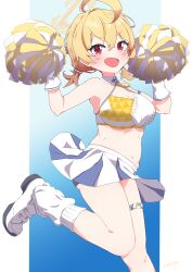 Rule 34 | 1girl, absurdres, ahoge, blonde hair, blue archive, blush, breasts, cleavage, collar, detached collar, gloves, halo, highres, holding, holding pom poms, kotori (blue archive), kotori (cheer squad) (blue archive), large breasts, looking at viewer, millennium cheerleader outfit (blue archive), navel, official alternate costume, open mouth, pom pom (cheerleading), pom poms, rakugakijunkie, red eyes, short hair, short twintails, smile, socks, solo, thigh strap, twintails, white collar, white footwear, white gloves, white socks, yellow halo