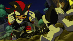 Rule 34 | 2boys, black footwear, furry, furry male, gloves, highres, infinite (sonic), invincible (series), joeadok, looking at another, lying, meme, multiple boys, night, night sky, open mouth, red eyes, shadow the hedgehog, sky, sonic (series), sonic forces, think mark think! (meme), tree, white fur, white gloves