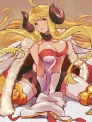 Rule 34 | 1girl, ahoge, anila (granblue fantasy), blonde hair, breasts, cape, choker, cleavage, commentary request, curled horns, draph, elbow gloves, fur-trimmed cape, fur trim, gloves, granblue fantasy, highres, horns, large breasts, long hair, looking at viewer, pelvic curtain, ribbon-trimmed skirt, ribbon trim, sheep horns, sitting, skirt, solo, thighhighs, wariza, white gloves, yellow eyes, yuenibushi