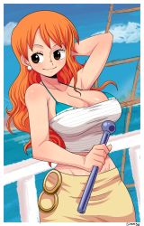 Rule 34 | 1girl, absurdres, arm behind head, arm up, bikini, bikini top only, bikini under clothes, blue sky, blush, brown eyes, cloud, cowboy shot, day, highres, holding, long hair, midriff, nami (one piece), one piece, orange hair, outdoors, signature, simmsy, sky, smile, solo, strapless, swimsuit, tube top, white tube top