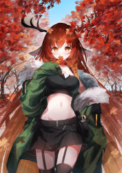 Rule 34 | 1girl, absurdres, animal ears, antlers, autumn, autumn leaves, belt, belt pouch, black belt, black shirt, black skirt, black thighhighs, braid, breasts, brown hair, coat, commentary request, commission, covered mouth, covering own mouth, cowboy shot, cropped shirt, deer antlers, deer ears, deer girl, earrings, eshineko, fur-trimmed coat, fur collar, fur trim, garter straps, gradient hair, green coat, highres, holding, holding leaf, horns, jewelry, leaf, leaf on head, light blush, long hair, looking at viewer, maple leaf, medium breasts, midriff, multicolored hair, navel, open clothes, open coat, orange hair, original, outdoors, pouch, shirt, side braid, skeb commission, skirt, sleeveless, sleeveless shirt, sleeves past wrists, solo, thighhighs, tree, very long hair, yellow eyes