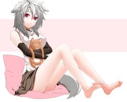 Rule 34 | 1girl, adapted costume, alternate costume, animal ears, bare legs, bare shoulders, barefoot, breasts, elbow gloves, feet, female focus, full body, gloves, highres, icf, inubashiri momiji, mazuka kei, pillow, red eyes, short hair, silver hair, simple background, sitting, smile, solo, stuffed animal, stuffed toy, tail, touhou, white background, wolf ears, wolf tail