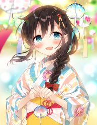 Rule 34 | 1girl, alternate costume, blue eyes, blush, braid, brown hair, commentary request, floral print, hair between eyes, hair flaps, hair ornament, japanese clothes, kantai collection, kimono, long sleeves, looking at viewer, naoto (tulip), obi, sash, shigure (kancolle), shigure kai ni (kancolle), single braid, smile, solo, wide sleeves, wind chime, yukata