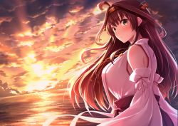 Rule 34 | 1girl, ahoge, blush, breasts, brown hair, closed mouth, cloud, detached sleeves, double bun, grey eyes, hair between eyes, hair ornament, hairband, japanese clothes, kantai collection, kongou (kancolle), large breasts, long hair, looking at viewer, nicoby, nontraditional miko, ocean, solo, sunlight, sunset