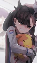 Rule 34 | 1girl, asymmetrical bangs, black hair, black nails, blush, brother and sister, clenched teeth, collared shirt, commentary request, creatures (company), crying, eyelashes, game freak, gen 8 pokemon, green eyes, gym challenge uniform, hair ribbon, hand on another&#039;s head, head down, highres, holding, holding pokemon, hop (pokemon), marnie (pokemon), morpeko, morpeko (full), nail polish, nintendo, odd (hin yari), piers (pokemon), pokemon, pokemon (creature), pokemon swsh, red ribbon, ribbon, shirt, siblings, tears, teeth