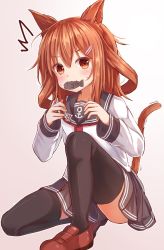 Rule 34 | 10s, 1girl, animal ears, bad id, bad twitter id, black skirt, black thighhighs, blush, brown eyes, brown footwear, brown hair, cat ears, cat tail, fish, hair ornament, hairclip, highres, ikazuchi (kancolle), kantai collection, kemonomimi mode, kyuupura, long sleeves, mouth hold, neckerchief, pleated skirt, purple background, red neckerchief, sailor collar, school uniform, serafuku, shoes, short hair, skirt, solo, surprised, sweat, tail, thighhighs