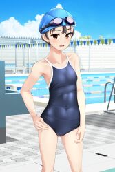 Rule 34 | 1girl, absurdres, black hair, blue headwear, blue one-piece swimsuit, blue sky, brown eyes, cloud, commentary request, competition school swimsuit, covered navel, day, feet out of frame, goggles, goggles on head, hand on own hip, highres, lane line, one-piece swimsuit, original, outdoors, pool, pool ladder, school swimsuit, short hair, sky, solo, standing, starting block, string of flags, swim cap, swimsuit, takafumi, tomboy, variant set