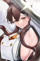 Rule 34 | 1girl, animal ears, armpit focus, armpits, arms up, azur lane, braid, breasts, chikuma (azur lane), extra ears, hair between eyes, highres, large breasts, looking at viewer, mole, mole under mouth, necktie, omino hoku, orange eyes, orange necktie, out of frame, presenting armpit, rabbit ears, side braid, sideboob, smile, solo, spread armpit, upper body