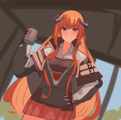 Rule 34 | 1girl, absurdres, arknights, bagpipe (arknights), black jacket, blue eyes, brown gloves, collared shirt, dress shirt, gloves, grin, hand on own hip, highres, holding, horns, indoors, jacket, long hair, long sleeves, looking at viewer, orange hair, pleated skirt, puffy long sleeves, puffy sleeves, red skirt, shirt, skirt, sleeves past wrists, smile, solo, standing, suzubotan, very long hair, white shirt