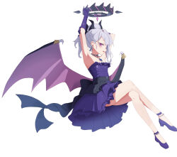 Rule 34 | 1girl, absurdres, armpits, arms up, ass, back bow, black bow, blue archive, blue gemstone, bow, breasts, crossed legs, demon horns, demon wings, dress, gem, gloves, grey hair, halo, high heels, highres, hina (blue archive), hina (dress) (blue archive), horns, invisible chair, jewelry, looking at viewer, low wings, mahou gnome, medium hair, multiple horns, necklace, official alternate costume, pendant, purple dress, purple eyes, purple footwear, purple gloves, ringed eyes, simple background, single sidelock, sitting, small breasts, solo, strapless, strapless dress, white background, wings