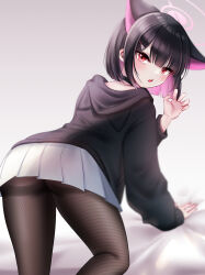 Rule 34 | 1girl, absurdres, all fours, animal ears, ass, black choker, black hair, black hoodie, black pantyhose, blue archive, blurry, blurry background, bob cut, cat ears, choker, claw pose, colored inner hair, commentary, from behind, hair ornament, hairclip, highres, hood, hoodie, iyusei 02, kazusa (blue archive), long sleeves, multicolored hair, open mouth, pantyhose, pink hair, pleated skirt, red eyes, short hair, skirt, solo, thighband pantyhose, thighs, white skirt