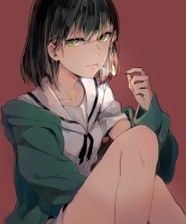 Rule 34 | 1girl, black hair, cigarette, closed mouth, fingernails, green eyes, hair between eyes, highres, holding, knees up, legs, lips, long sleeves, looking at viewer, matches, mouth hold, musshu (omu001), off shoulder, original, pink lips, red background, sailor collar, school uniform, serafuku, shirt, short hair, short sleeves, simple background, smile, solo, upper body, white sailor collar, white shirt