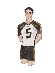 Rule 34 | 1boy, akaashi keiji, arms behind back, black eyes, black hair, black shorts, chengongzi123, cropped legs, haikyuu!!, highres, looking at viewer, male focus, shirt, short hair, short sleeves, shorts, simple background, smile, solo, sportswear, standing, t-shirt, very short hair, volleyball uniform, white background
