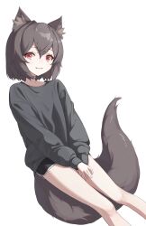 Rule 34 | 1girl, absurdres, animal ear fluff, animal ears, black sweater, brown hair, ellu, grin, gym shorts, highres, long sleeves, looking at viewer, original, red eyes, short hair, shorts, simple background, smile, sweater, tail, white background