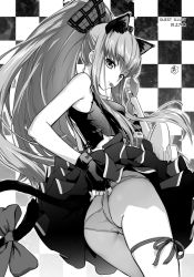 Rule 34 | 1girl, adjusting clothes, adjusting panties, animal ears, ass, black gloves, butt crack, c.c., checkered background, code geass, fingerless gloves, gloves, greyscale, highres, kawakami rokkaku, leg ribbon, long hair, monochrome, mouth hold, panties, ponytail, protected link, ribbon, skindentation, skirt, solo, standing, tail, underwear, wedgie