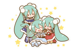 Rule 34 | 3girls, alternate color, aqua hair, blue capelet, blue dress, blue gloves, blush stickers, boots, capelet, commentary, dress, closed eyes, fingerless gloves, fur-trimmed capelet, fur-trimmed dress, fur-trimmed gloves, fur trim, gloves, hair ornament, hands on another&#039;s shoulders, hatsune miku, holding another&#039;s hair, knee boots, kneeling, light blue dress, long hair, multiple girls, multiple persona, open mouth, red capelet, red dress, red gloves, sanpati, santa costume, santa dress, sitting, smile, solid oval eyes, standing, star (symbol), starry background, twintails, very long hair, vocaloid, white background