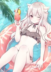 Rule 34 | 1girl, ;), absurdres, animal ears, bikini, black bikini, black choker, breasts, cat ears, cat girl, choker, cocktail, cocktail glass, commission, cup, drinking glass, glass, grey hair, haruki (colorful macaron), highres, indie virtual youtuber, innertube, long hair, lying, on back, one eye closed, palm leaf, red eyes, second-party source, skeb commission, small breasts, smile, swim ring, swimsuit, uise iu, virtual youtuber, water, white hair