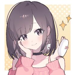 Rule 34 | 1girl, blush, bow, braid, brown eyes, brown hair, choker, clothing cutout, commentary, elma07, hair bow, hand on own cheek, hand on own face, long sleeves, looking to the side, medium hair, powder puff, project sekai, shinonome ena, shoulder cutout, smile, solo, sparkle, upper body
