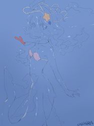 Rule 34 | 1girl, bare shoulders, blue background, blue theme, breasts, cleavage, floating, floating hair, hair between eyes, highres, jewelry, looking at viewer, mermaid, monster girl, necklace, one-hour drawing challenge, original, orihira, shell, shell bikini, signature, slime girl, small breasts, smile, solo, transparent