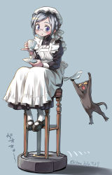 Rule 34 | 1girl, absurdres, apron, back bow, black cat, black dress, black footwear, bow, cat, character request, commentary request, copyright request, cup, dress, frilled apron, frills, full body, glasses, grey hair, hat, highres, holding, holding cup, isedaichi ken, juliet sleeves, long sleeves, maid apron, mary janes, mob cap, open mouth, puffy sleeves, purple eyes, robotic vacuum cleaner, round eyewear, shoes, short hair, sitting, vacuum cleaner, white apron, white bow, white headwear