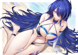 Rule 34 | 1girl, acheron (honkai: star rail), adapted costume, alternate breast size, arm belt, arm support, bare legs, bare shoulders, barefoot, beach, belt, between breasts, between legs, bikini, black belt, black bikini, black choker, blue eyes, breasts, choker, cleavage, collarbone, commentary, diamond-shaped pupils, diamond (shape), english commentary, from above, gloves, groin, hair between eyes, hair ornament, hair over one eye, halterneck, hand between legs, highres, honkai: star rail, honkai (series), large breasts, leg tattoo, light blush, long hair, mixed-language commentary, multicolored hair, navel, ocean, purple eyes, purple hair, sand, sitting, skindentation, smile, solo, stomach, strap between breasts, streaked hair, swimsuit, symbol-shaped pupils, tattoo, two-tone eyes, very long hair, white gloves, xfate, yokozuwari