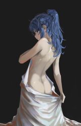 Rule 34 | 1girl, ass, back, bare shoulders, bed sheet, black background, blue eyes, blue hair, breasts, butt crack, high ponytail, highres, hololive, hoshimachi suisei, long hair, naked sheet, phos (s phos), ponytail, small breasts, solo, virtual youtuber, wavy hair