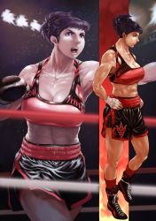 Rule 34 | 1girl, abs, absurdres, arena, black hair, blue eyes, boxing, boxing gloves, boxing ring, braid, breasts, hair up, highres, large breasts, light, muscular, muscular female, original, projected inset, punching, red legwear, sports bra, vigwer, zoom layer