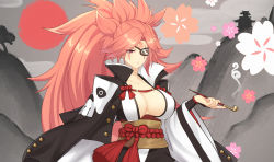 Rule 34 | 1girl, absurdres, amputee, baiken, big hair, black jacket, black kimono, breasts, cherry blossoms, cleavage, cloud, eyepatch, facial mark, flower, guilty gear, guilty gear strive, highres, hill, holding, holding smoking pipe, huge breasts, jacket, jacket on shoulders, japanese clothes, kimono, looking at viewer, multicolored clothes, multicolored kimono, one-eyed, open clothes, open kimono, petals, pink hair, smoking pipe, ponytail, red eyes, sakotach, samurai, sash, scar, scar across eye, scar on face, simple background, skull print, sky, smoke, sun, upper body, weapon, white background, white kimono