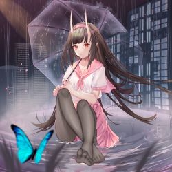 Rule 34 | 1girl, absurdres, black pantyhose, blue butterfly, blunt bangs, brown hair, bug, butterfly, highres, horns, insect, long hair, looking at viewer, neckerchief, night, no shoes, oni horns, original, pantyhose, pink neckerchief, pink sailor collar, pink skirt, pleated skirt, rain, red eyes, sailor collar, school uniform, serafuku, shiiyou, sitting on water, skirt, soles, solo, toes, umbrella