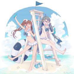 Rule 34 | 10s, 2girls, :d, ahoge, barefoot, bottle, brown hair, colis, closed eyes, grey hair, holding, holding bottle, kantai collection, kiyoshimo (kancolle), ladder, libeccio (kancolle), long hair, multiple girls, open mouth, outstretched arm, pleated skirt, ramune, sailor bikini, sailor collar, sitting, skirt, sleeveless, smile, twintails, very long hair