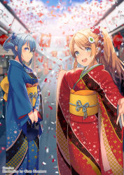 Rule 34 | 2girls, amiami (company), amico, bag, blue eyes, blue hair, blue kimono, blurry, blurry background, breasts, confetti, furisode, hair between eyes, hair ornament, highres, holding, holding bag, japanese clothes, kimono, lilco, long hair, long sleeves, looking at viewer, medium breasts, multiple girls, obi, official art, open mouth, orange hair, outdoors, ponytail, red kimono, sash, small breasts, wide sleeves, yumekui