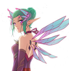 Rule 34 | 1girl, aqua hair, bare shoulders, breasts, choker, dress, elbow gloves, fairy, fairy wings, from behind, gloves, hair bun, hair ornament, highres, looking at viewer, looking back, looking to the side, mechanical wings, medium breasts, mercy (overwatch), official alternate costume, overwatch, overwatch 1, pointy ears, purple dress, purple eyes, purple gloves, purple ribbon, qingchen (694757286), ribbon, ribbon choker, short hair, simple background, single hair bun, sleeveless, sleeveless dress, solo, sparkle, sugar plum fairy mercy, upper body, white background, wings