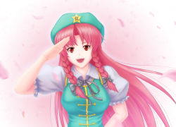 Rule 34 | 1girl, ami (artist), braid, breasts, chinese clothes, embodiment of scarlet devil, female focus, gradient background, hat, hong meiling, long hair, nazal, red eyes, red hair, salute, solo, touhou, twin braids, upper body, white background