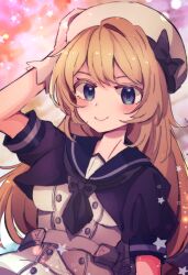 Rule 34 | 1girl, blonde hair, blue eyes, blue sailor collar, blush, closed mouth, dress, gloves, hat, highres, jervis (kancolle), kantai collection, long hair, looking at viewer, revision, sailor collar, sailor dress, sailor hat, short sleeves, solo, star (symbol), white dress, white gloves, white hat, yukikaze2828